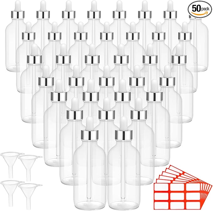 Dandat 50 Pack 4 oz Glass Dropper Bottles Leakproof 120 ml Glass Tincture Bottles with Eye Droppers, 4 Funnels, 54 Labels for Essential Oil Perfumes Hair Oil(Transparent)