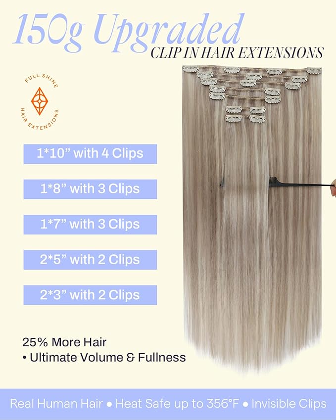 Full Shine Clip in Hair Extensions Real Human Hair 150 G Ash Blonde Highlighted Bleach Blonde Remy Human Hair Extensions Clip ins for Women Natural Human Hair 20 Inch 7 Pcs