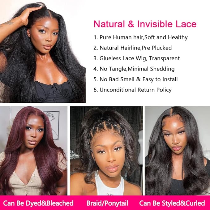 GOLFMAX Kinky Straight Lace Front Wigs Human Hair Pre Plucked With Baby Hairs 180% Density Yaki Straight 13x4 Transparent HD Glueless Lace Wig Human Hair Wigs For Black Women 24 Inch