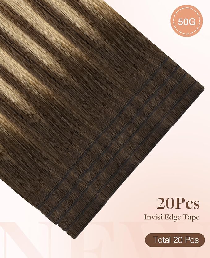 GOO GOO Invisi Edge Tape in Hair Extensions Human Hair, 4/18 Balayage Chocolate Brown Highlighted Dirty Blonde, 20pcs 24inch 50g, Virgin Remy Hair, Seamless Injected Tape, Natural Look