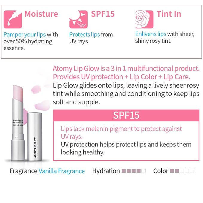 Atomy Lip Glow 3.3g x 2 EA - Moisturizing Lip Care Treatment Balm with Natural Pink Color