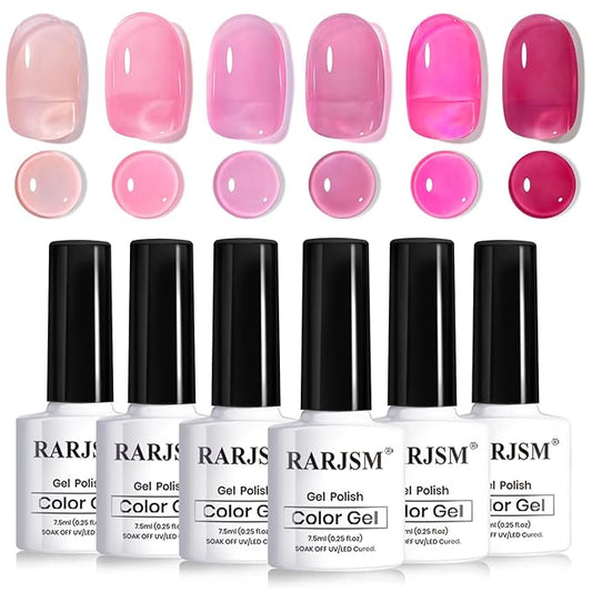 RARJSM Nude Pink Jelly Gel Nail Polish Set 6pcs Clear Crytal Stained Glass Purple Pink Series Transparent Sheer Amber Milky Gel Varnish LED UV Curing Requires Soak off French Manicure Home Salon