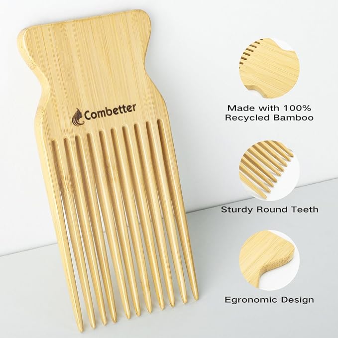 Combeter Bamboo Hair Pick Comb for Thick Curly Hair & Beard – Eco-Friendly Anti Static Afro Pick Wooden Comb for Detangling & Styling for Men, Women & Kids