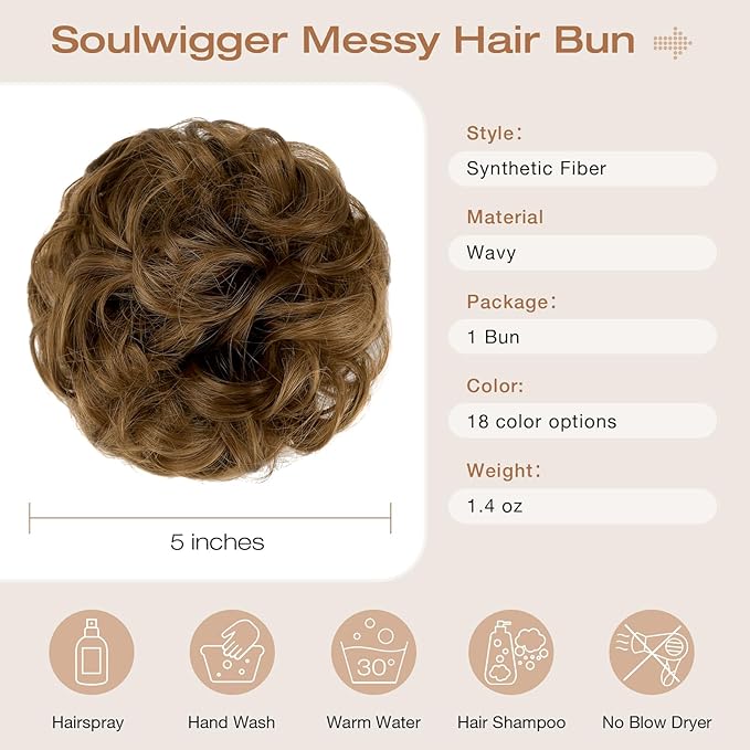 Messy Bun Hair Piece Wavy Curly Scrunchies Fluffy Donut Thick Updo Elegant Chignon Hairpieces for Women Girls, Ginger Brown 1.4oz