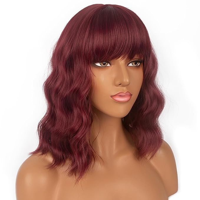 Short Bob Wigs with Bangs for Women Loose Wavy Wig Curly Wavy Shoulder Length Bob Synthetic Cosplay Wig for Girl Colorful Costume Wigs (Auburn)