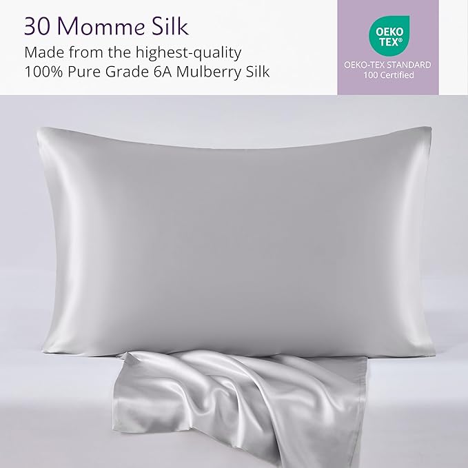 Mulberry Park 30 Momme Silk Pillowcase - Pure Silk Pillowcase for Hair and Skin, Grade 6A Charmeuse Weave Mulberry Real Silk Pillowcase for Luxury Night Sleep - 1 Pc Silver (King 20'' x 36'')