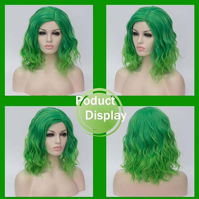 BUFASHION 14" Women Short Ombre Green Kinky Straight Cosplay Synthetic Wigs With Air Bangs 46 Colors Available (Ombre Green 2)