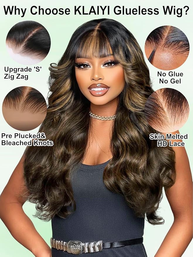 KLAIYI Ombre Brown Loose Body Wave Bye Bye Knots Glueless Precut 7x5 HD Lace Front Human Hair Bang Wig Drawstring Highlight Balayage Brown Pre Plucked Bleached 30S Ready to Wear and Go Wig 180% 14Inch