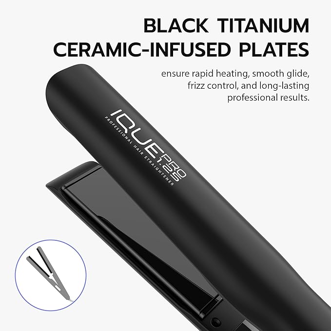 iQUE 1.25” Titanium Plates Hair Straightener & Curler 2-in-1 – Fast Heat-Up Flat Iron with Ionic Technology, Floating Plates, LCD Display, Adjustable Temp to 480°F, Dual Voltage for All Hair Types