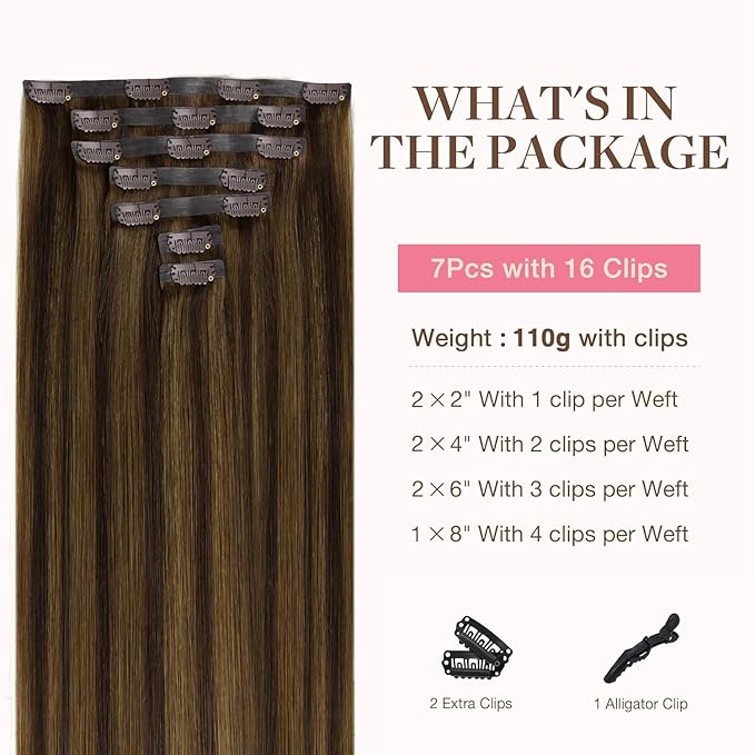 GOO GOO Clip in Hair Extensions Real Human Hair, Remy Human Hair Extensions Clip ins for Women, Natural Human Hair, 22 Inch 160g 7Pcs, 2C/4E/6C Brown Sugar Swirl Highlights