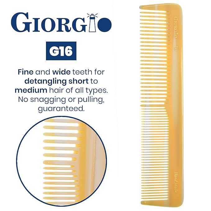 Giorgio GIVY16 Fine and Wide Tooth Handmade Hair Comb - Detangler and Styling for Men and Women - Saw Cut Barber Comb