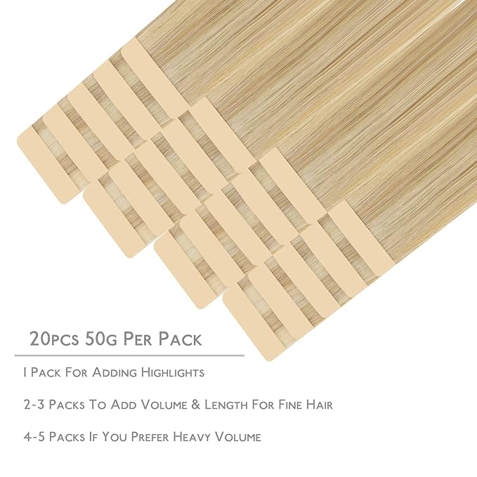 WENNALIFE Tape in Hair Extensions Human Hair, 20pcs 50g 18 inch Light Blonde Highlighted Golden Blonde Remy Hair Extensions Straight Human Hair Tape in Extensions Skin Weft