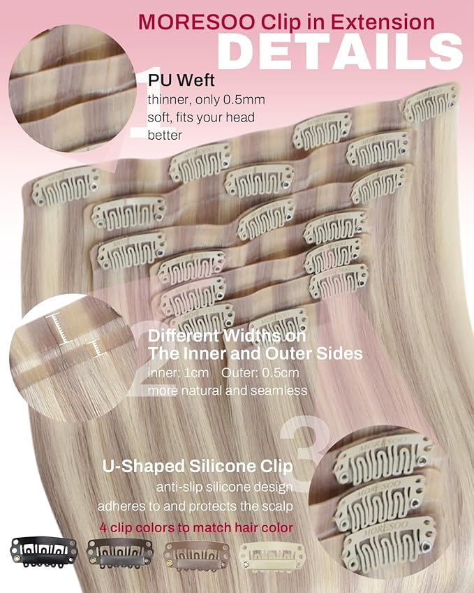Moresoo Blonde Highlight Human Hair Clip ins Seamless Ash Blonde with Bleach Blond Remy Human Hair Clip in Extensions 135g 7pieces for Wedding Pu Skin Invisible And Thick 16inch
