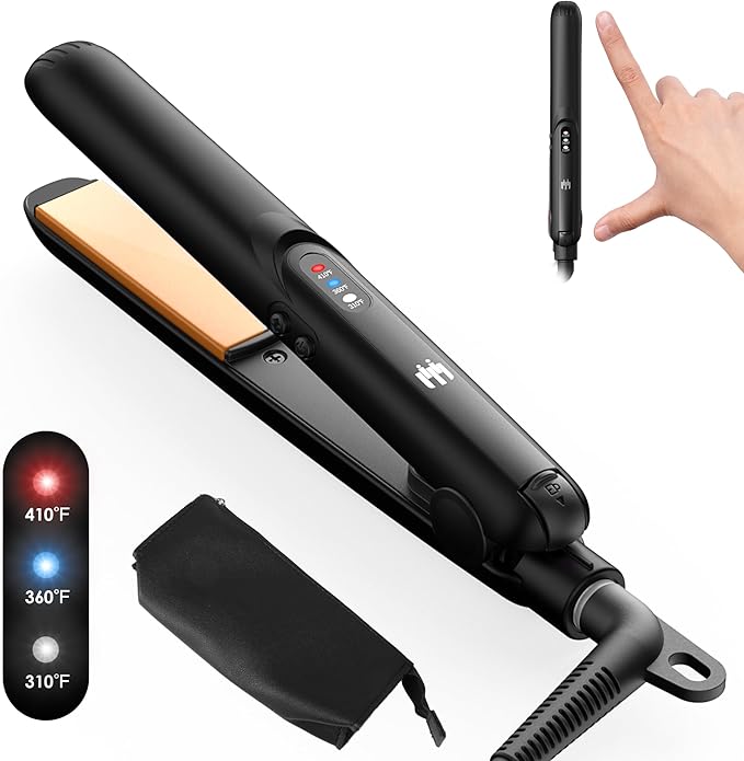 Mini Flat Iron, 0.7 Inch Ceramic Small Hair Straightener for Short Hair Curls Bangs, Portable Travel Iron Dual Voltage with Travel Pouch, 3 Temperature Adjustable