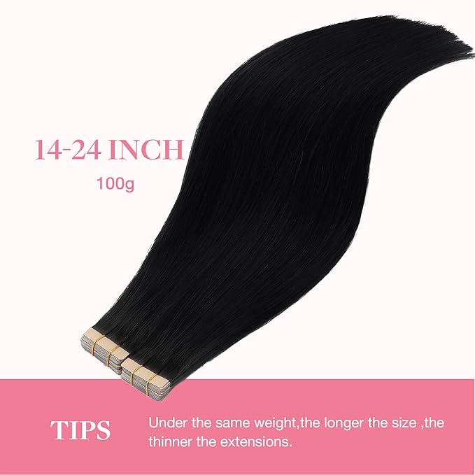 GOO GOO Tape in Hair Extensions Human Hair, 1 Jet black, 18inch 100g 40pcs, Skin Weft Seamless Invisible, Silky Straight with Thick Ends, Remy Human Hair