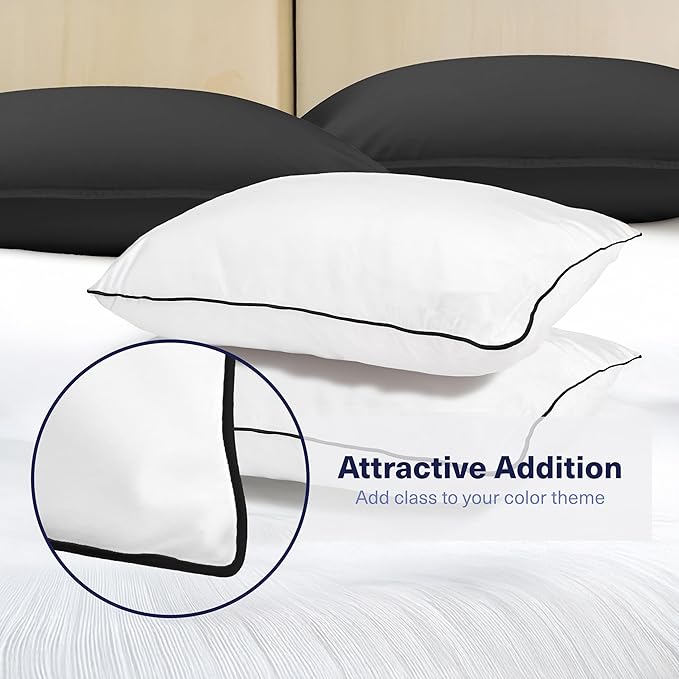 Kickoff Viscose Bamboo Pillowcase, Standard, Set of 2, 100% Organic Hidden Zippered Viscose Bamboo Pillow Case Standard Size, Cooling Pillow Cover for Hot Sleepers (20"x26", Trimmed, Onyx Black)