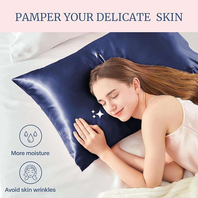 BEDELITE Satin Pillowcase for Hair and Skin, Super Soft and Cooling Similar to Silk Pillow Cases 2 Pack with Envelope Closure, Gift for Women Men(20"x30" Queen Size, Navy)