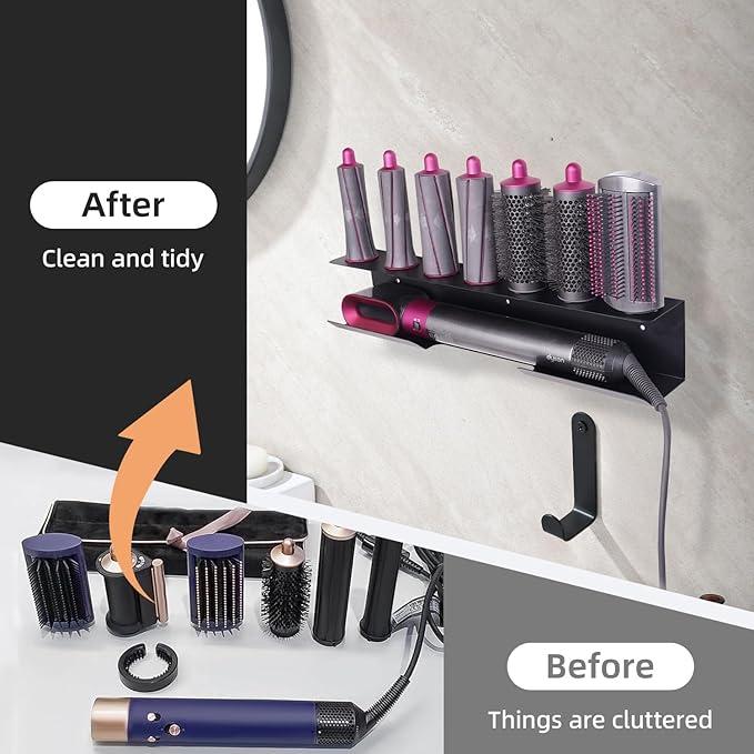 Dyson Airwrap Holder, Aluminum Dyson Airwrap Wall Mount Black with 7 Custom Slots & Cable Hook, Dyson Organizer Wall Mounted for Bathroom BANJEKT