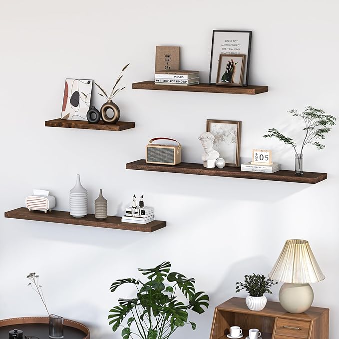 Fun Memories Floating Shelves for Wall, 55"x9.3" Rustic Solid Elm Wood Shelves, Heavy-Duty Wall Mounted Shelves with Invisible Brackets for Living Room, Bedroom, Kitchen, Walnut Finish