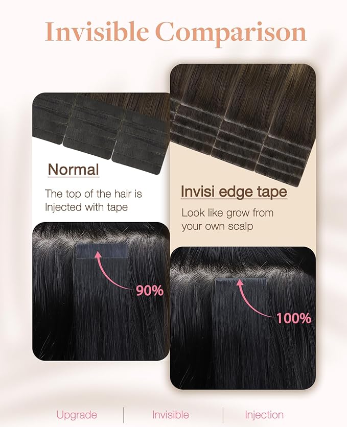 GOO GOO Invisi Edge Tape in Hair Extensions Human Hair, 2/6/18 Balayage Brown to Dirty Blonde 10pcs injected with 10pcs classical tape ins, 18inch 50g, Virgin Remy Hair, Natural Look