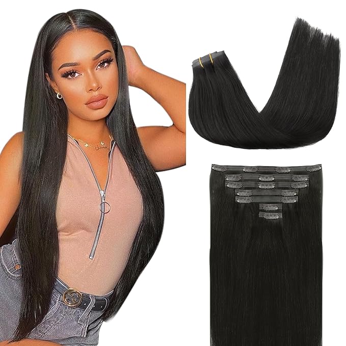 Lashey Seamless Clip in Hair Extensions Real Human Hair, 7pcs 110g 24 Inch Natural Black Straight Clip ins Human Hair Extension for Black Women