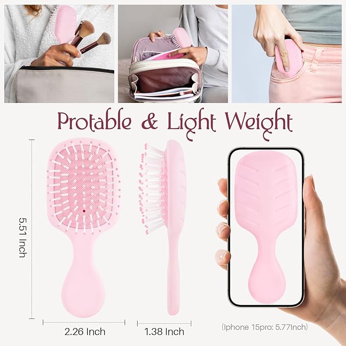 Mini Hair Bursh for Women Men and Kids, Protable Travel Size Hair Brush for Pockets Purses, Mini Detangler Brush for All Hair Types, Small Paddle Brush for Detangling (Pink)