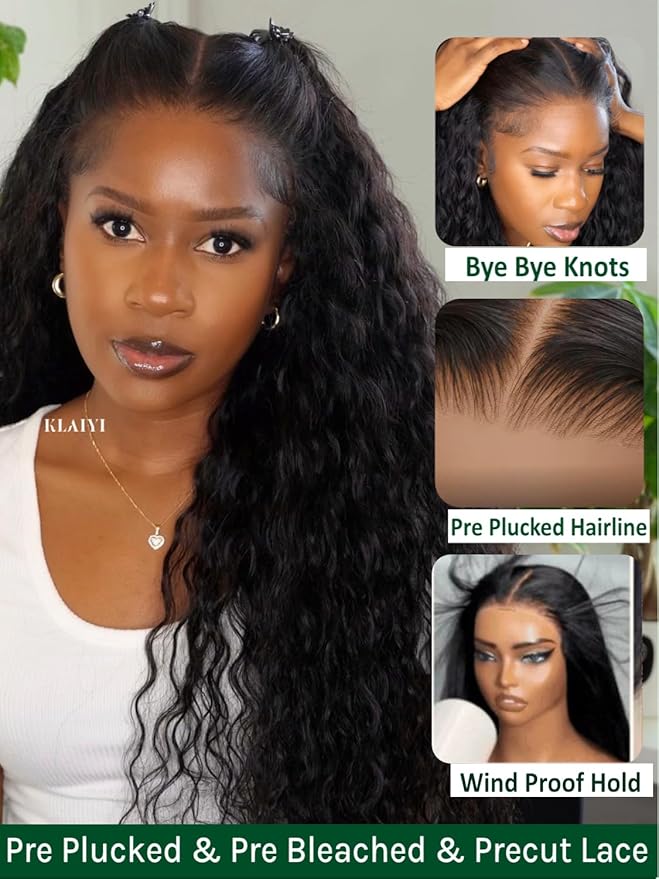 KLAIYI Bye Bye Slip™ Water Wave 7X5 Precut Lace Front Human Hair Wig Drawstring Glueless 3S Ready to Wear and Go Wig with Baby Hair Pre Plucked Bleached Bye Bye Knots Curly Wig 180%Density Full 14Inch