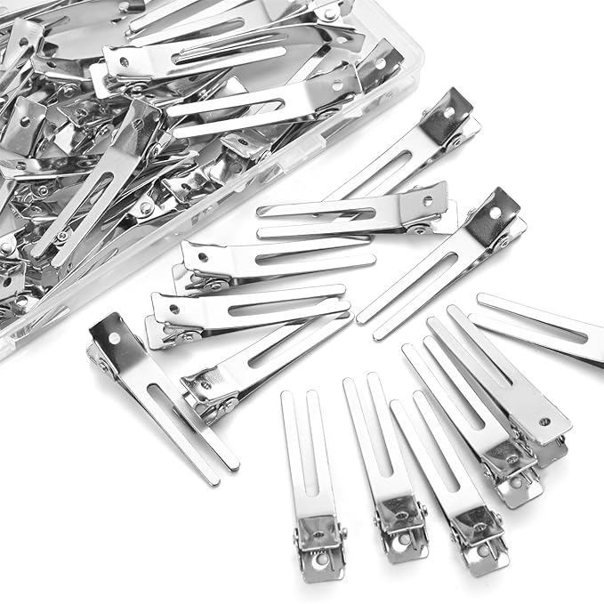 50pcs Metal Double Prong pin Curl Hair Clips for Styling Sectioning,Silver Hair Clips for Women Long Hair,Metal Alligator Curl Clips for Hair Roller,Salon,Bows DIY with Case