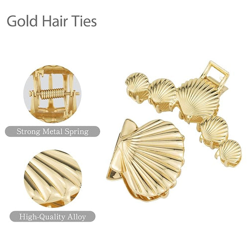 4PCS Gold Seashell Metal Claw Clips, Large Heavy Duty Hair Clips for Thick Hair, Beachy Bling Hair Accessories for Women & Girls