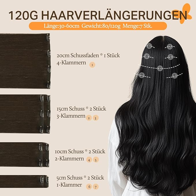 DOORES Human Hair Extensions Clip in Dark Brown 120g 7pcs 22 Inch Clip in Human Hair Extensions Real Natural Hair Straight