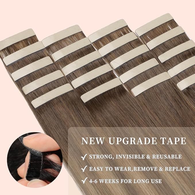 Human Hair Tape in Extensions, Chocolate Brown Mixed Honey Blonde Extensions Real Human Hair 20 Inch 20pcs Remy Straight Tape ins Invisible Tape in Hair Extensions Human Hair (4/4/27#,20 Inch)