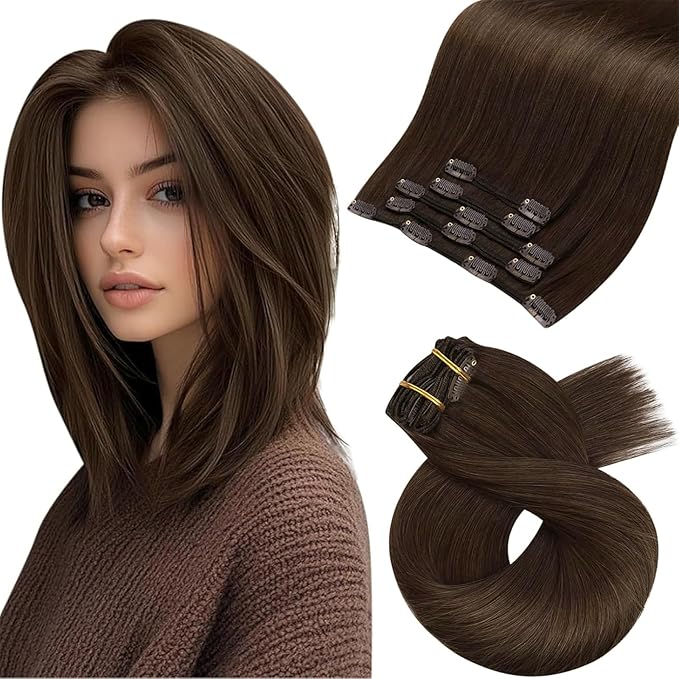 Moresoo Clip in Hair Extensions Remy Double Weft Human Hair Clip in Extensions Straight Hair Extensions for Women Medium Brown #4 5pcs 80g 10inch