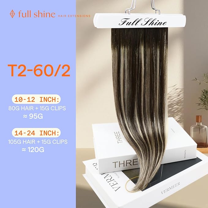 Full Shine Clip in Human Hair Extensions 16 Inch Clip in Extensions Brown Ombre Dark Brown Mix Platinum Blonde Straight Double Weft Brazilian Hair for Women 7 Pcs 120 G