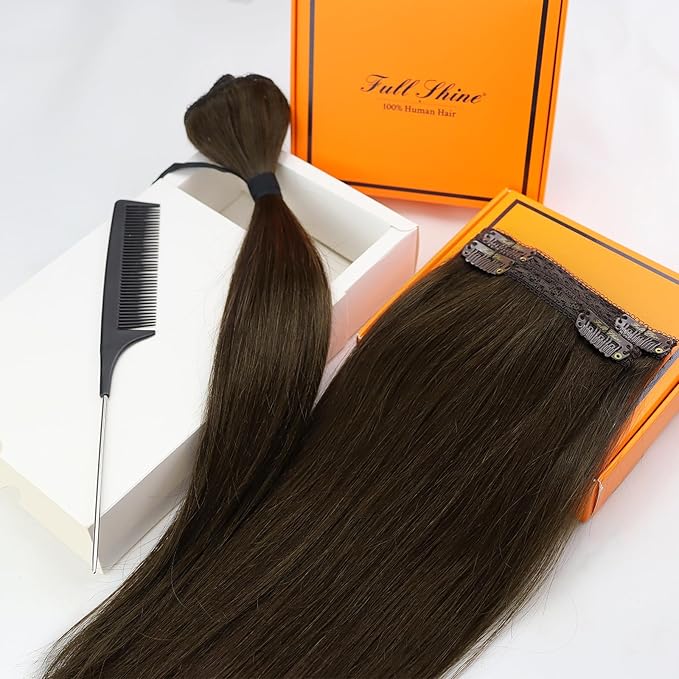 Full Shine Human Hair Clip in Extensions 18 Inch Color 2 Darkest Brown Natural Straight Hair Extensions Lace Clip in Human Hair Extensions Long Straight Hair Longevity 3 PCS 60 Grams