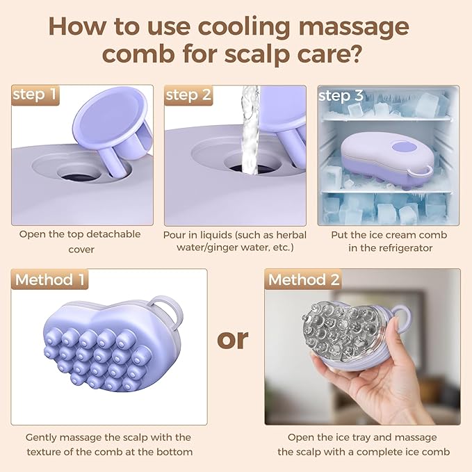 Ice Compress Scalp Massager Hair Growth Massage Comb - Upgraded Raised Dot Ice Tray Design for Tension Headache Relief and Scalp Care (Purple)