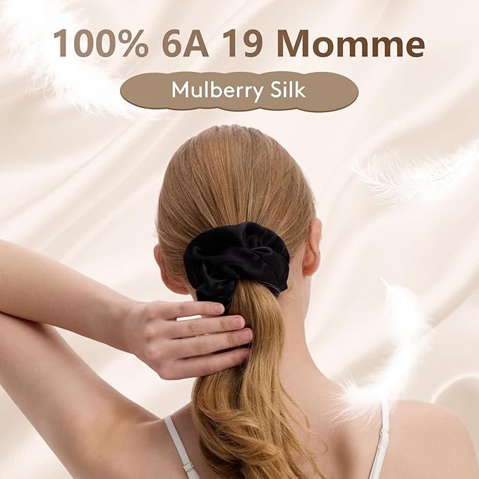 1 Pcs Silk Hair Ties, 22 Momme 100% Mulberry Hair Band, Silk Scrunchies for Women and Girls, 6A Grade No Damage Ponytail Holders (2.4in Width, Black)