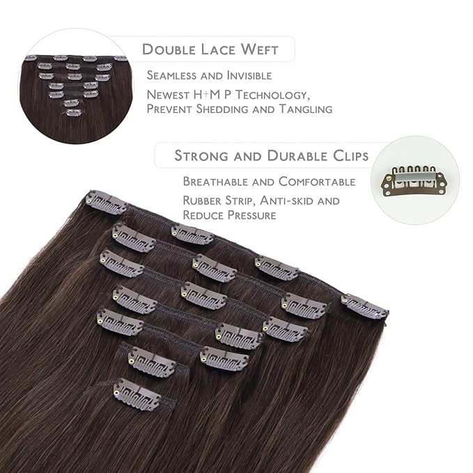 WENNALIFE Clip in Hair Extensions Real Human Hair, 24 Inch 160g 7pcs Light Dark Brown Remy Hair Straight Natural Extensiones De Cabello Humano Con Clip Ins