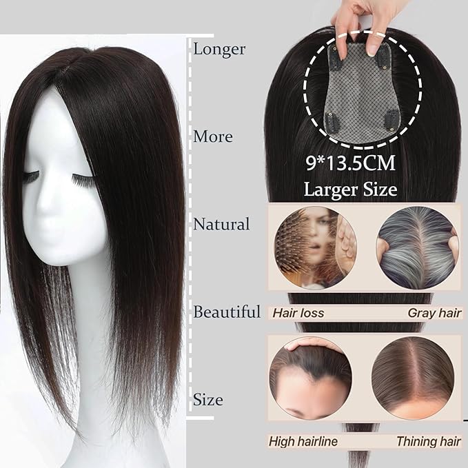 Hair Toppers for Women Real Human Hair, 360° 3D Human with Thinning Upgrade Middle Part Clip in Bangs Topper Hair Pieces for Women Daily(Black, 18 Inch-3D-Side)