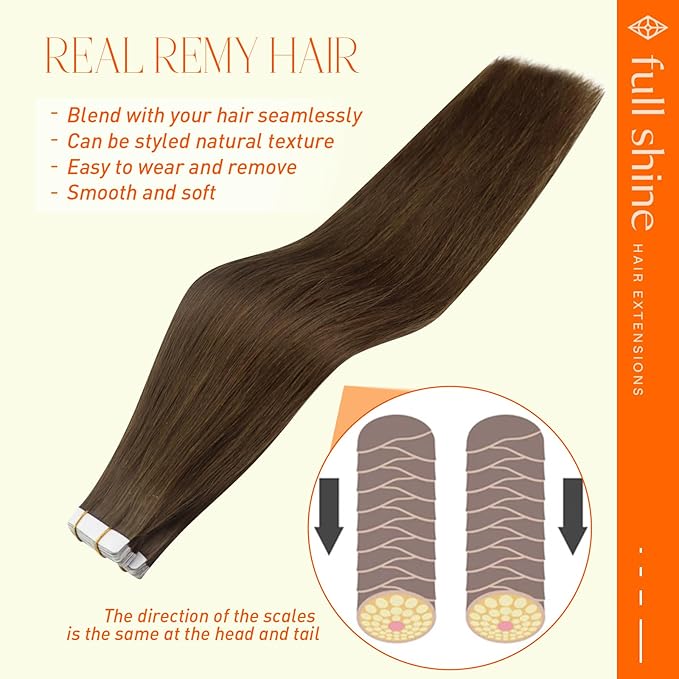 Full Shine Brown Tape in Hair Extensions 14Inch Color 4 Medium Brown 100G 40PCS Straight Invisible Hair Extensions Tape ins Double Sided Tape Remy Human Hair Add Volume for Women