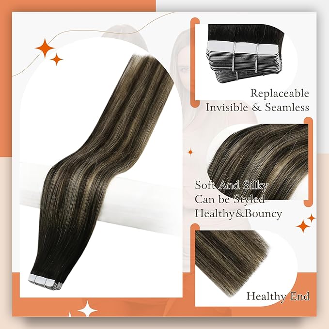 Full Shine Tape Hair Extensions Real Human Hair Color 1B/27/1B Tape in Extensions Human Hair 20Inch Long Straight Extension 100G 40Pcs Soft Silky Brazilian Natural for Women