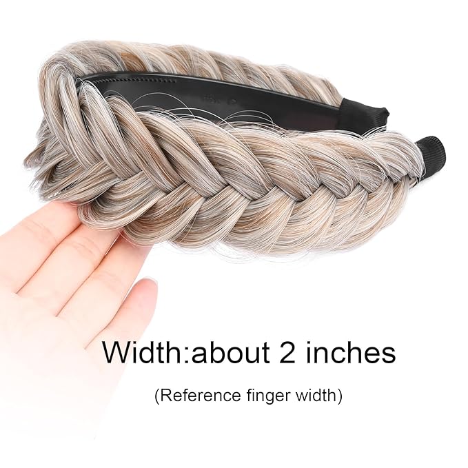 DIGUAN Wide Messy Braided Headband With Teeth Synthetic Hair Plaited Headband High Elasticity Braids Chunky Fishtail Braided Hair Band Hairpiece for Girls Women Beauty Accessory (White Gray Brown)