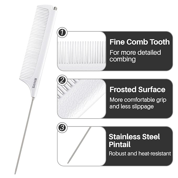 RHOS Carbon Retractable Rat Tail Parting Comb - Portable Fine Tooth Teasing Comb for Styling, Hair Cutting, Braiding with Stainless Steel Pin Tail - White