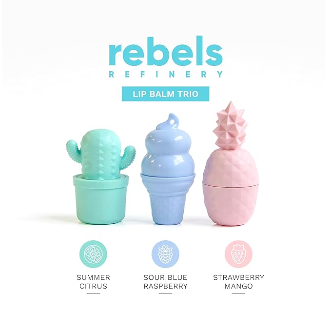 Rebels Refinery Mixed Lip Balm Trio - 100% Natural & Organic All-Day Moisture Care - Summer Citrus, Sour Blue Raspberry, Strawberry Mango Flavors