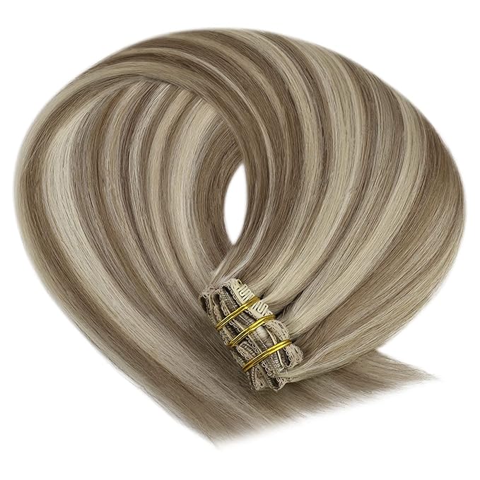 YoungSee Clip in Hair Extensions Real Human Hair Highlight Human Hair Extensions clip ins Light Brown Highlights with Blonde Clip in Hair Extensions Human Hair Silky Remy Hair 18In 120G 7Pcs