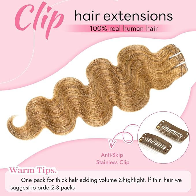 Clip in Hair Extensions Real Human Hair Body Wave 27 Honey Blonde Clip in 100% Brazilian Remy Human Hair Extensions 8pcs Per Set with 18 Clips Double Weft 16 Inch 90g/3.6oz