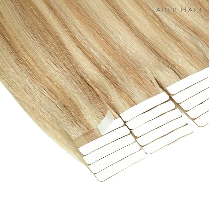 Lacer Hair Extensions Real Human Hair Tape in Silky Straight Golden Blond to Platinum Blonde Tape in Extensions Human Hair 24 Inch 50G 20Pcs Tape Ins