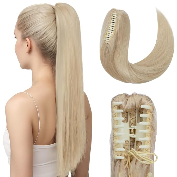Hairro Claw Clip In Ponytails Extensions Jaw On Real Hair Ponytail Long Jaw/Claw Pony Tail With Clips Hairpieces For Women 14 Inch 105g #60 Platinum Blonde