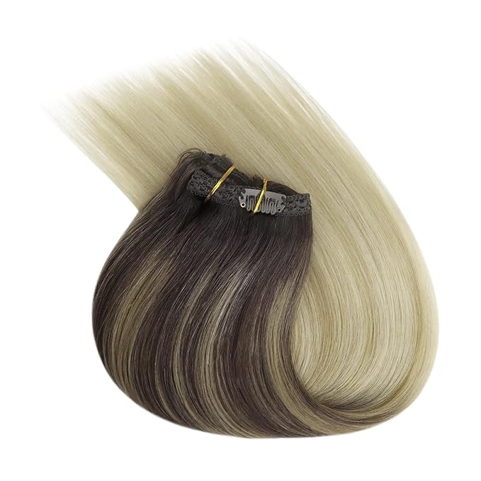 Ve Sunny Clip in Hair Extensions Long Straight Human Hair Clip in Extensions Ombre Real Hair Clips Extensions for Women Dark Brown Ombre Golden Blonde Mix Light Blonde Soft Silky 7pcs 120g 22inch