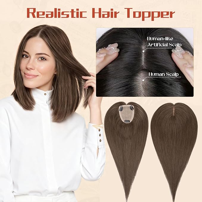 Rich Choices Human Hair Toppers for Women-100% Real Remy Hair Topper No Bang-Upgraded 150% Density 9 * 12CM Lace Base-Clip in Hairs Topper for Thinning Hairs-12Inch #2 Dark Brown