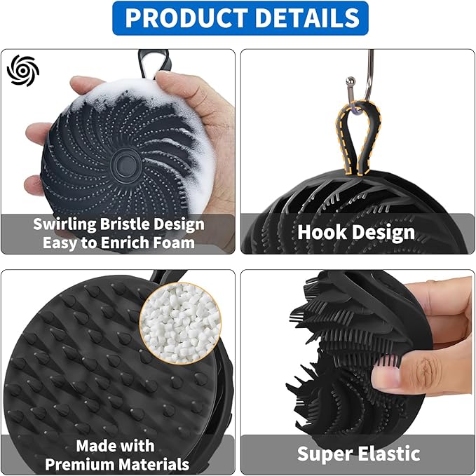 Larger Silicone Body Scrubber&Scalp Massager Hair Growth (Black)